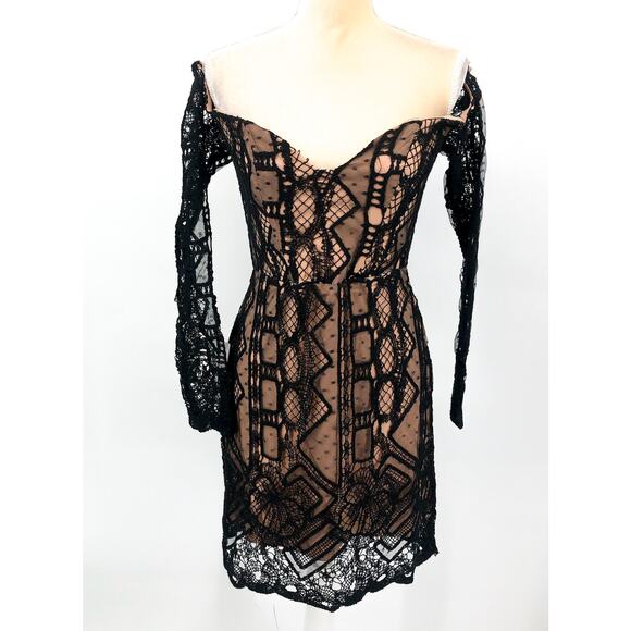 BARDOT Women's Zendaya Mini Lace Dress US 8 Large Black Nude Off Shoulder NWT - Picture 4 of 12